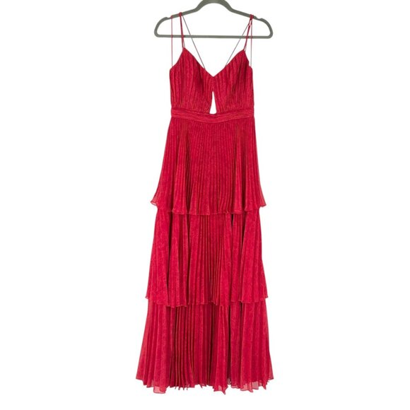 Amur Dominique Tiered Pleated Lace Print Maxi Dress in Raspberry Rose - Picture 2 of 11